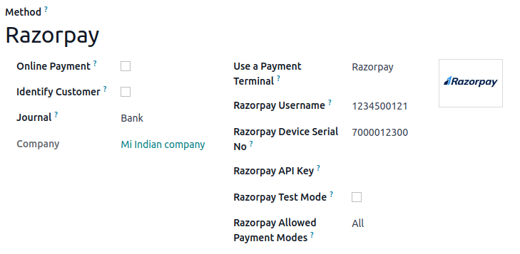 Formulario de conexión de Razorpay