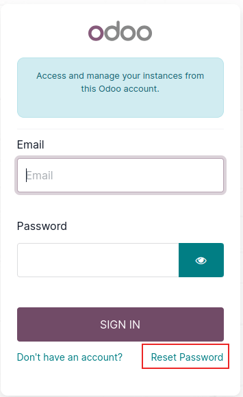 Ecran de conectare pe Odoo.com cu opțiunea de resetare a parolei evidențiată.