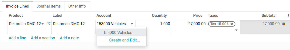 Selección de una cuenta de activos en una factura de proveedor en estado de borrador en la aplicación Contabilidad de Odoo