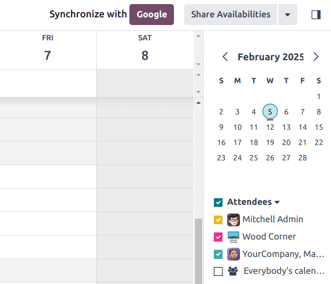 Haga clic en el botón de sincronización con Google para sincronizar su calendario de Google con Odoo.