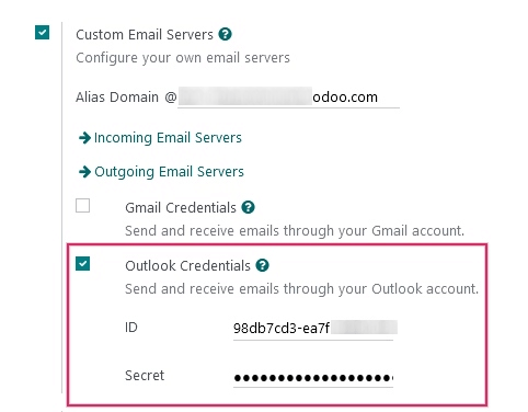 Outlook Credentials in Odoo Algemene Instellingen.