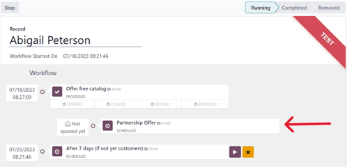 Testförlopp för arbetsflöde i Odoo Marketing Automation.